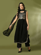 Myshka Women's Black Embroidered Georgette Anarkali Party Kurta Set With Dupatta | Grocsy