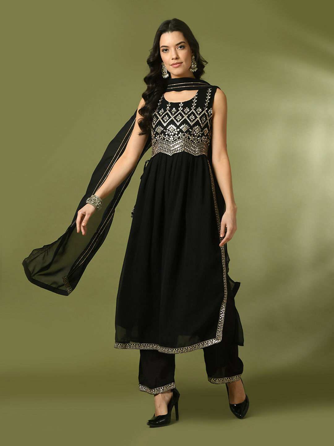 Myshka Women's Black Embroidered Georgette Anarkali Party Kurta Set With Dupatta | Grocsy