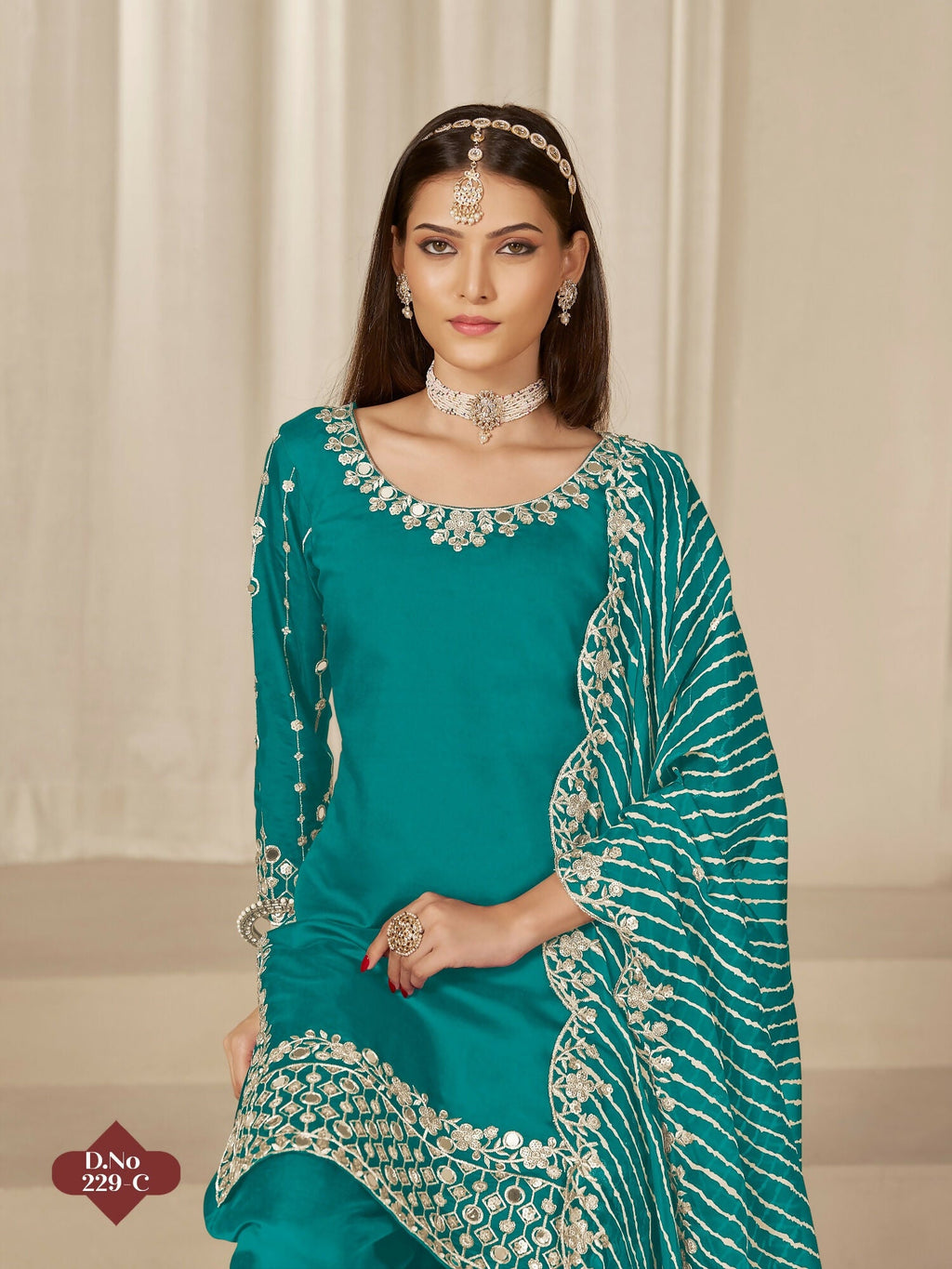 Anaita Turquoise Roman Silk Stitched Suit with Embroidery & Real Mirror Work | Grocsy