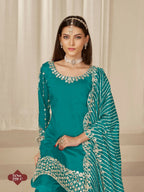 Anaita Turquoise Roman Silk Stitched Suit with Embroidery & Real Mirror Work | Grocsy