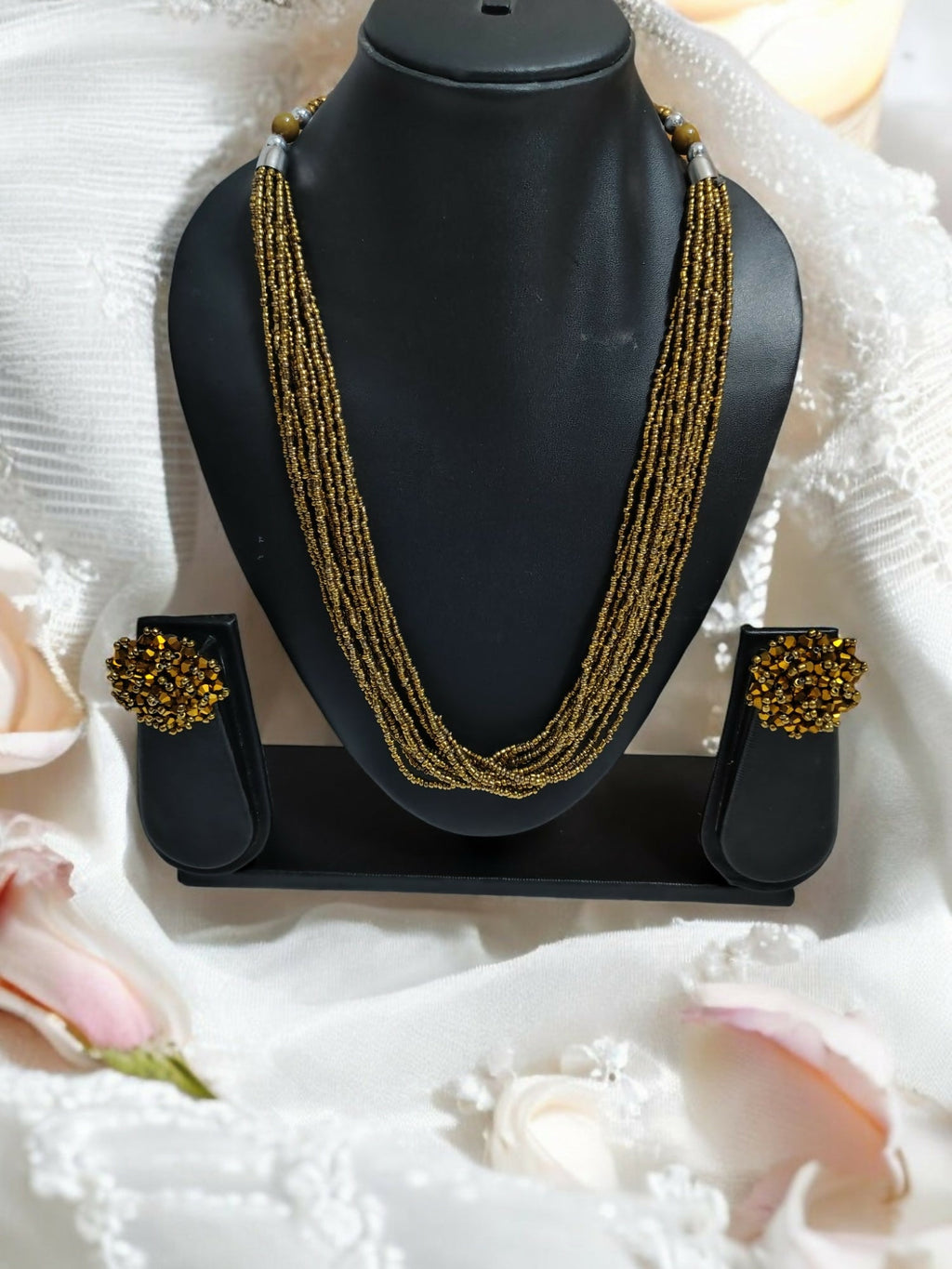 Inhanns Bloom Handmade Beaded Necklace With Earrings - 12 Layers - Golden Necklace Set | Grocsy