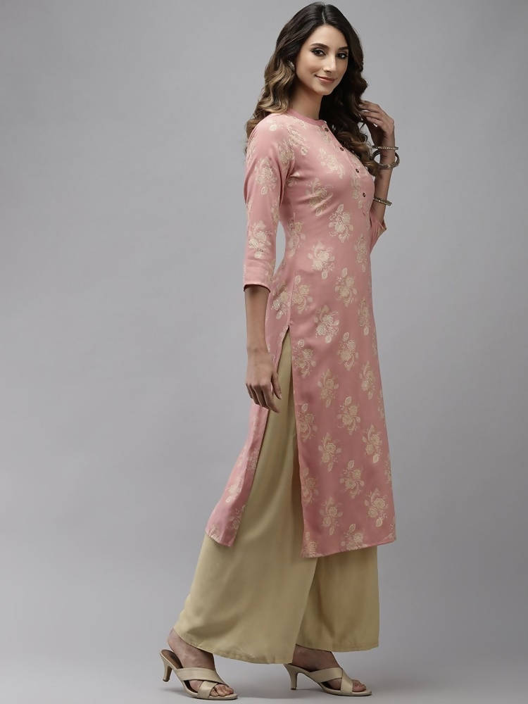Yufta Women Pink Floral Printed Pastels Cotton Kurta | Grocsy