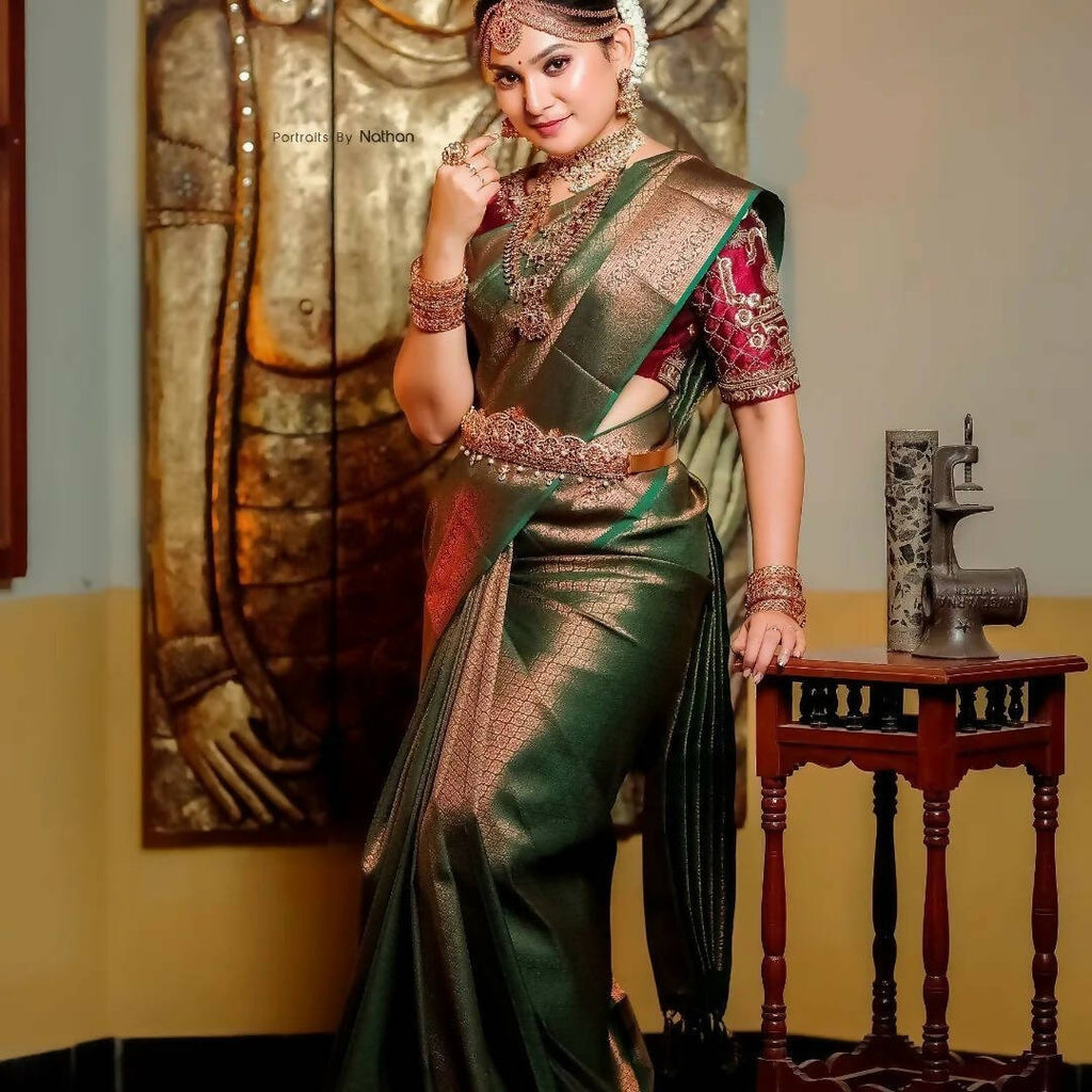 DEIANA'S Beautiful Designer Golden zari Soft Lichi Silk Saree - Green | Grocsy