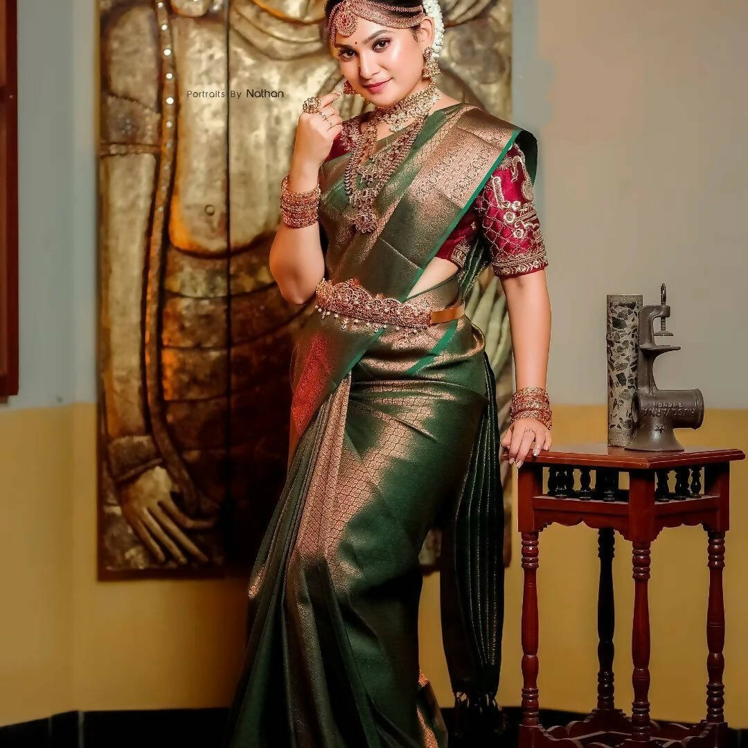 DEIANA'S Beautiful Designer Golden zari Soft Lichi Silk Saree - Green | Grocsy