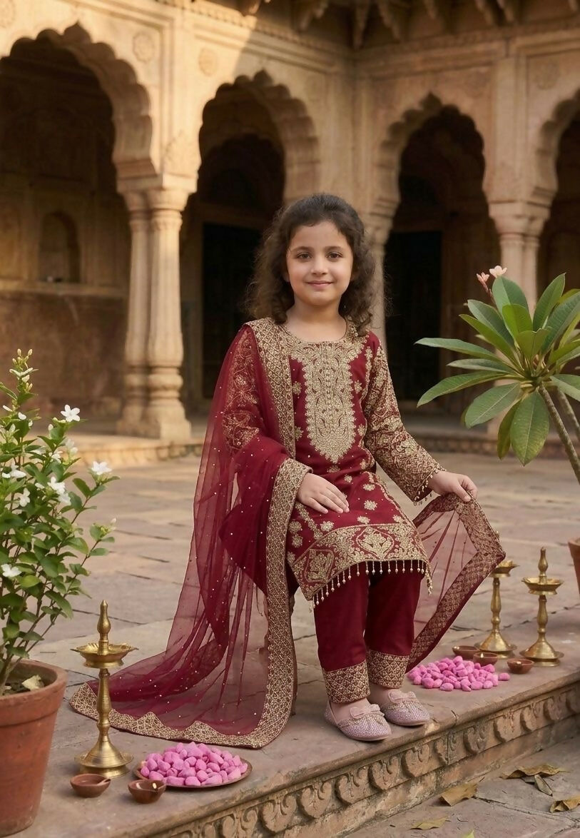 Teeya Creation New Kids Trendy stylish Rich Heavy Embroidery with Elegant Sequence Work Kurta Set-Red | Grocsy