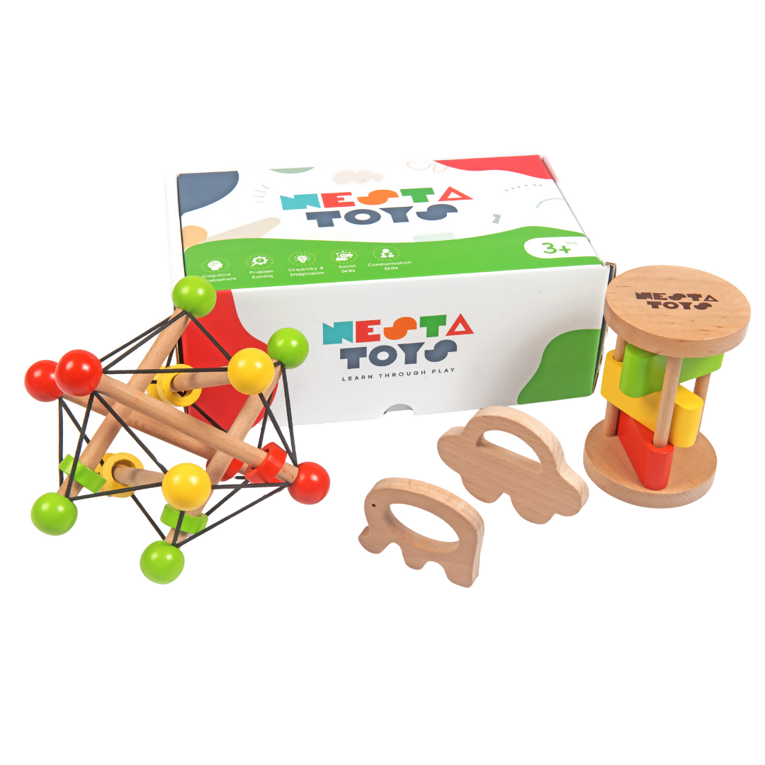 Nesta Toys Newborn Gift Set - Wooden Skwish Rattle, Clacker Rattle, Elephant & Car Teether | Grocsy