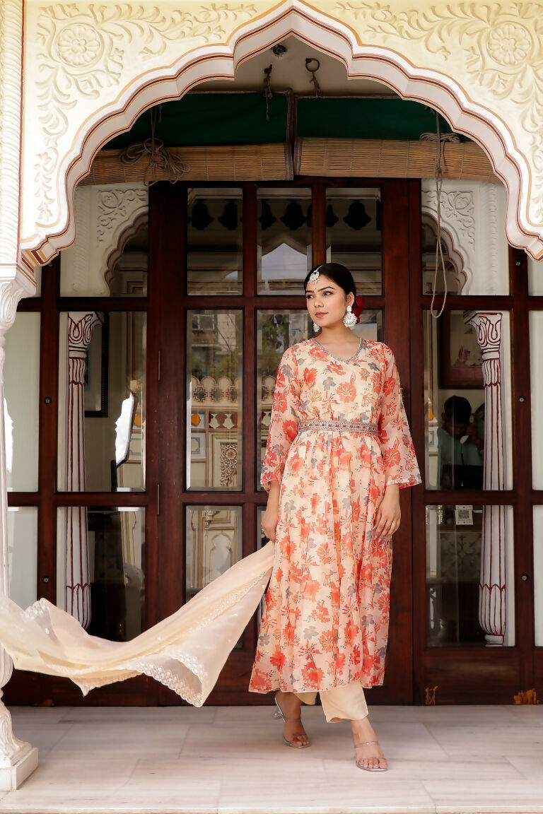 Vaasva Women Cream Organza Floral Print & Embroidered Anarkali Kurta, Pant & Dupatta set | Grocsy
