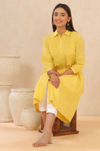 Juniper Womens Blush Yellow Cotton Slub Solid Mid Length Shirt Dress With Lace Detailing | Grocsy