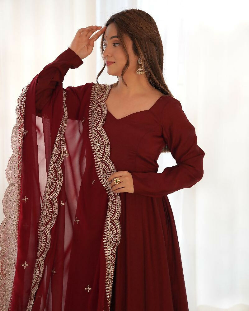 Joban Fashion Maroon Kurta Set Chanderi Sequence Embroidery Work | Grocsy