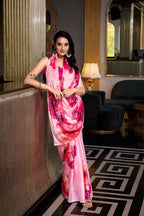 Vastranavya Baby Pink Satin Silk Printed Saree with Hotfix Work Unstitched Blouse | Grocsy