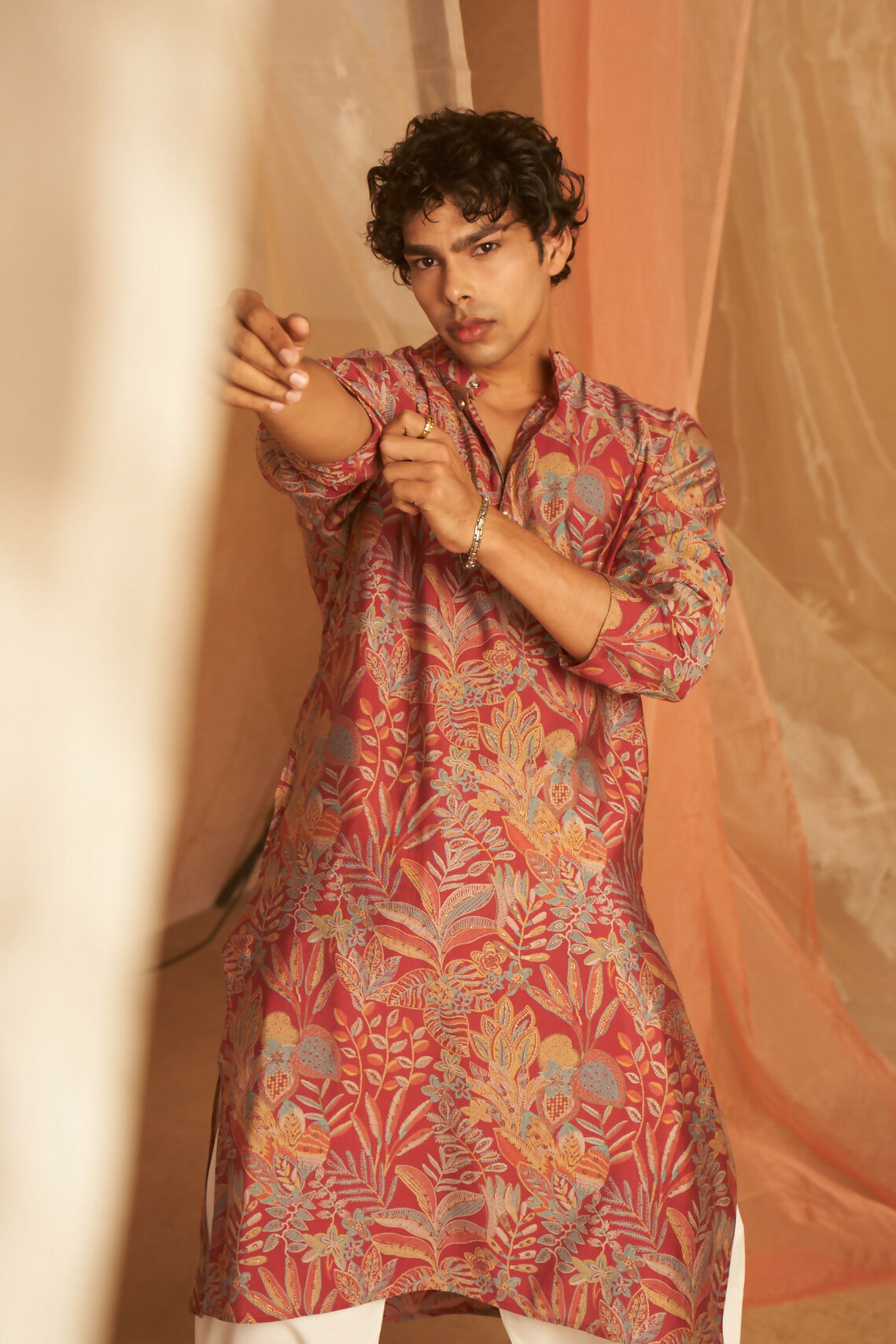 Pink Modal Silk Designer Printed Men's Kurta Set - Mahotsav | Grocsy