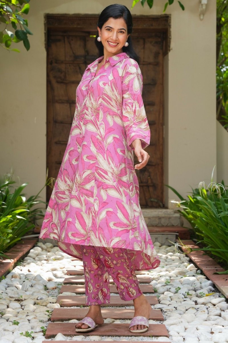 Aramya Pink Soft Cotton Foliage High Low Kurta for Women | Grocsy