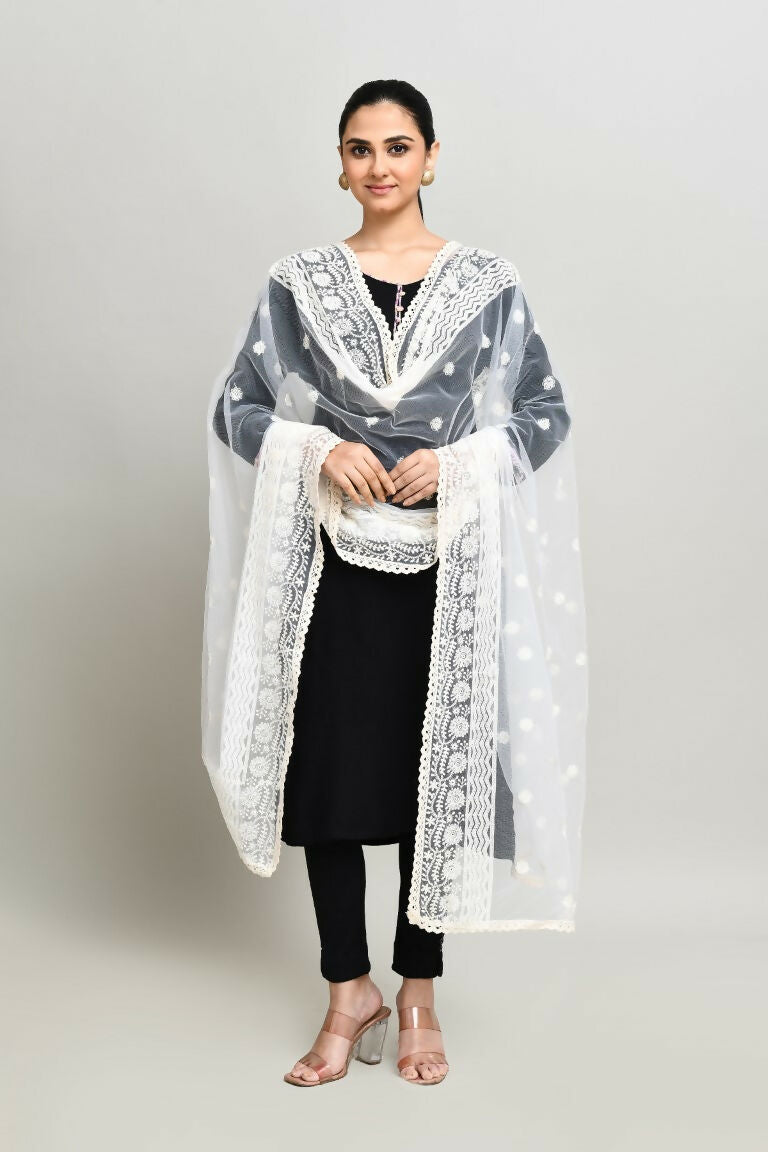 Joban Fashion White Cotton Embroidery Work Pakistani Karanchi Dupatta | Grocsy