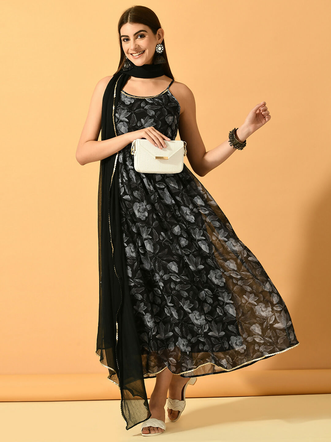 Myshka Women's Black Festive Flared Anarkali Kurta With Dupatta sets | Grocsy