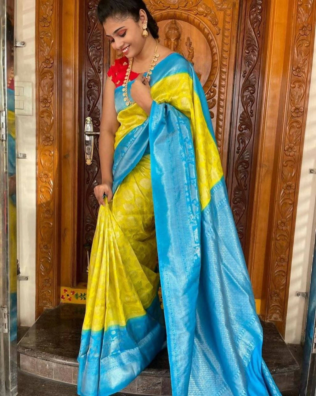 DEIANA'S Beautiful Designer Golden zari Soft Lichi Silk Saree - Yellow | Grocsy