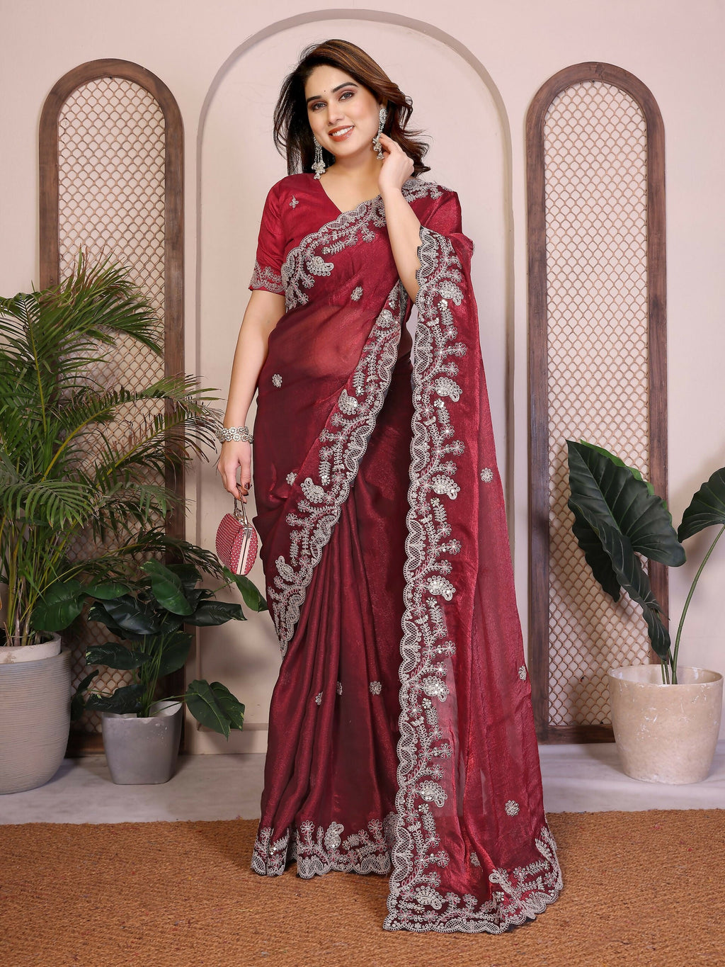 Teeya Creation New Womens Latest Party Wear Soft Chiffon Silk Saree-Red | Grocsy