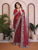 Teeya Creation New Womens Latest Party Wear Soft Chiffon Silk Saree-Red | Grocsy