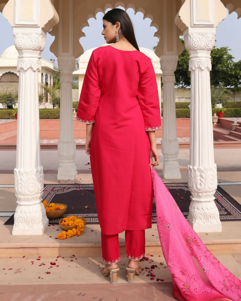Jyoti Fashion Women's Pink Cotton Silk Hand Work with Floral Printed Kurta Set | Grocsy