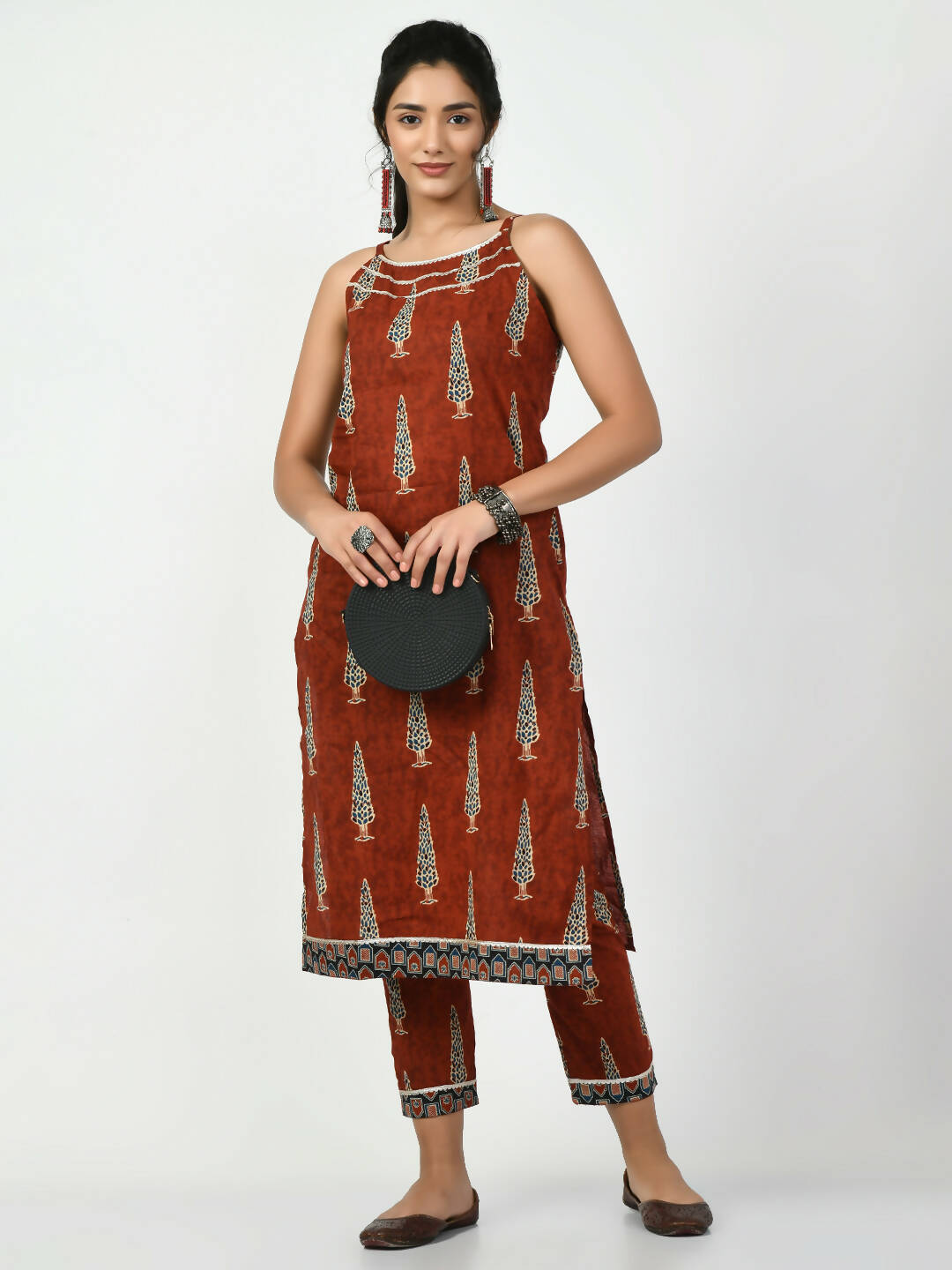 Myshka Women's Rust Printed Kurta With Trouser | Grocsy