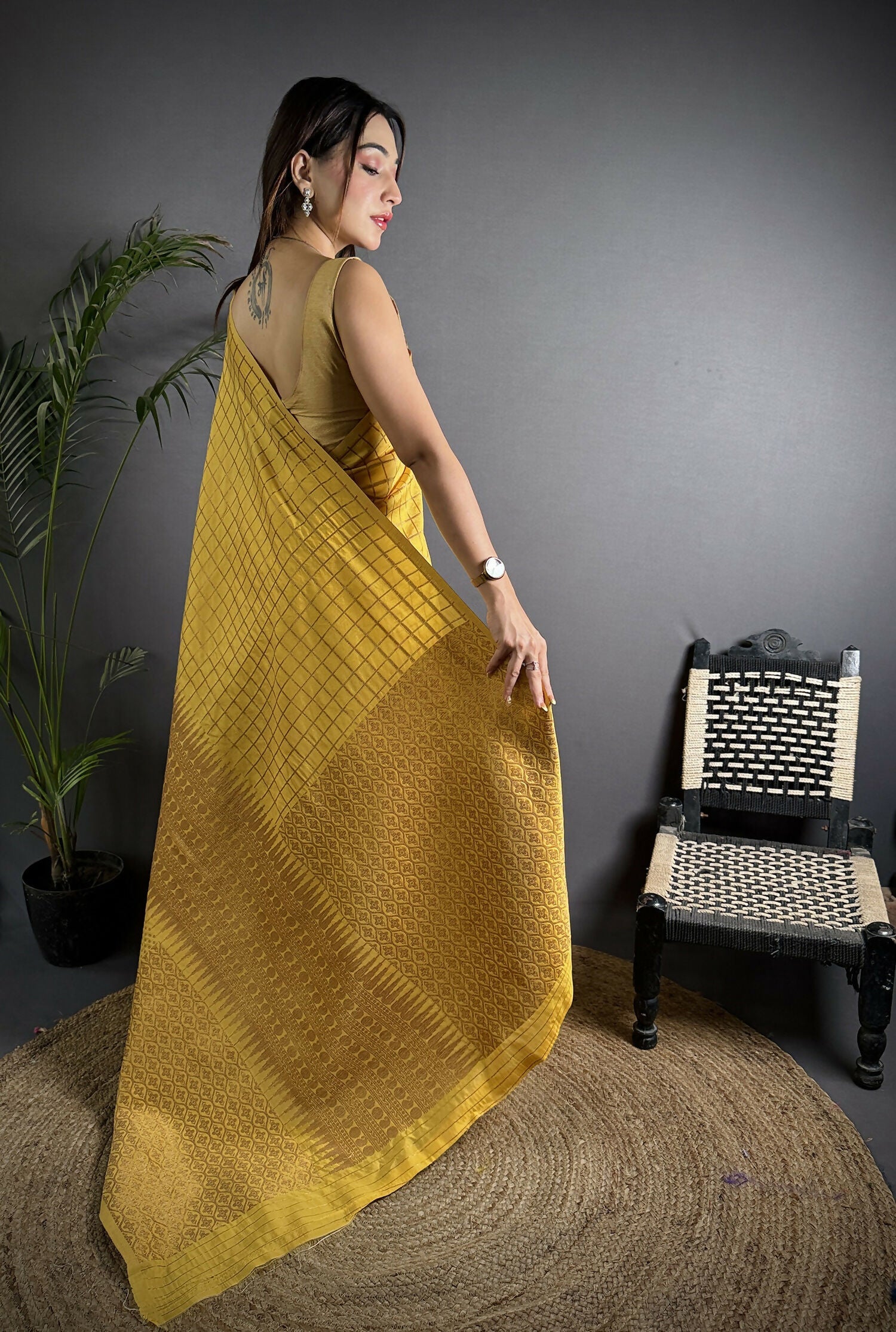 Joban Fashion Golden Yellow Banarasi Soft Lichi Silk Checks & Woven Saree | Grocsy