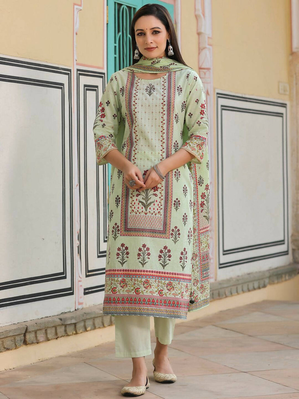Juniper Women's Lime Green Cambric Floral Placement Printed Straight Fit Kurta Sets | Grocsy