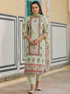 Juniper Women's Lime Green Cambric Floral Placement Printed Straight Fit Kurta Sets | Grocsy