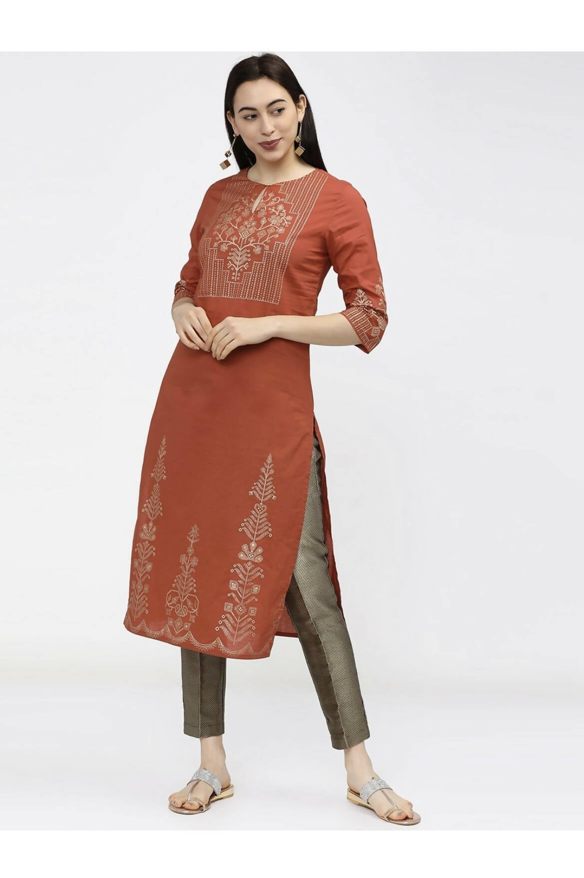Cheera Embellished Daily Wear Cotton Blend Kurta - Brown | Grocsy
