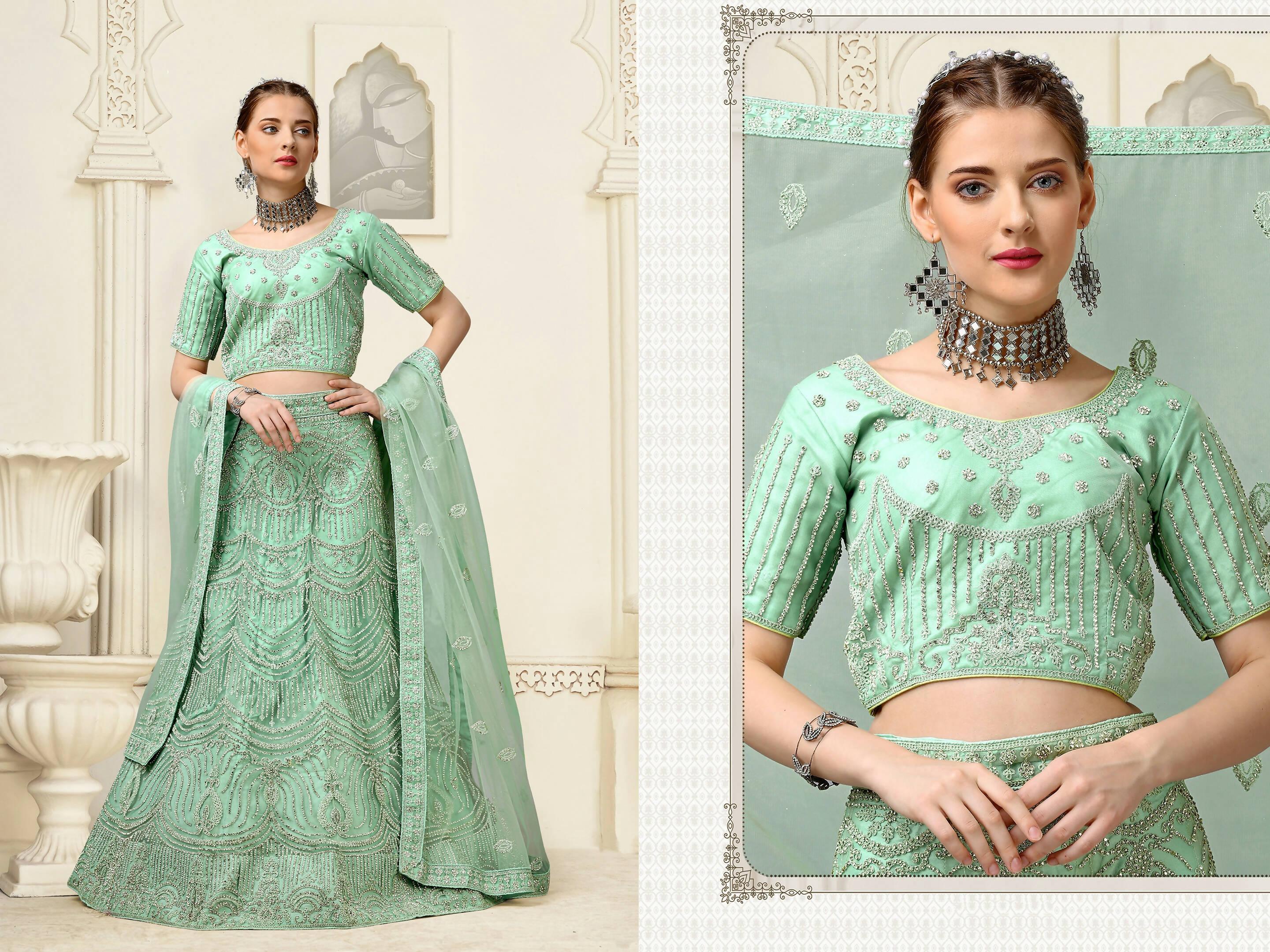 Light Green Net Fancy Zari Embroidered work Lehenga Choli with Dupatta - Heer | Grocsy