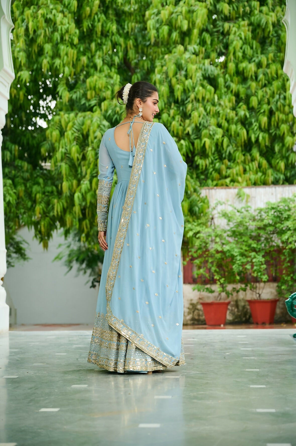 Joban Fashion Sky Blue Georgette Sequence Embroidery Work Kurta Set | Grocsy