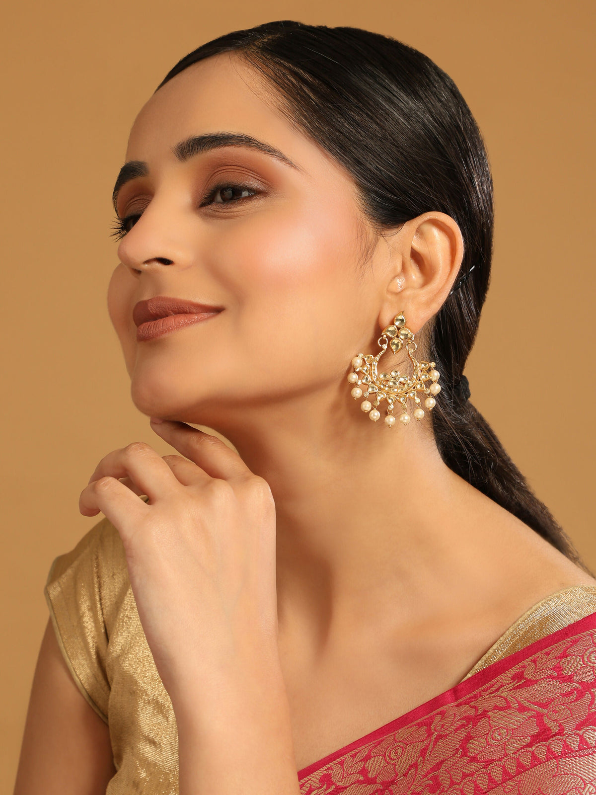 Nuyug 22K Gold Plated Kundan Chandbali Pearl Elegance Earrings | Grocsy