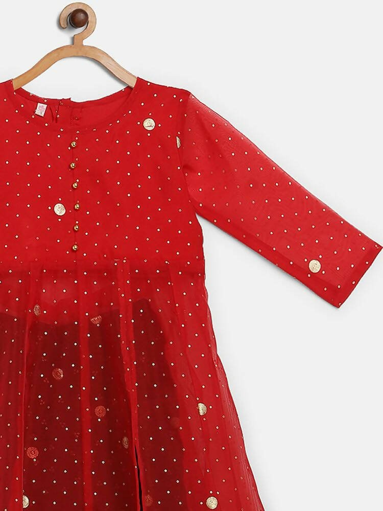 Ahalyaa Red Organza Kids Kurta Palazzo Set For Girls | Grocsy