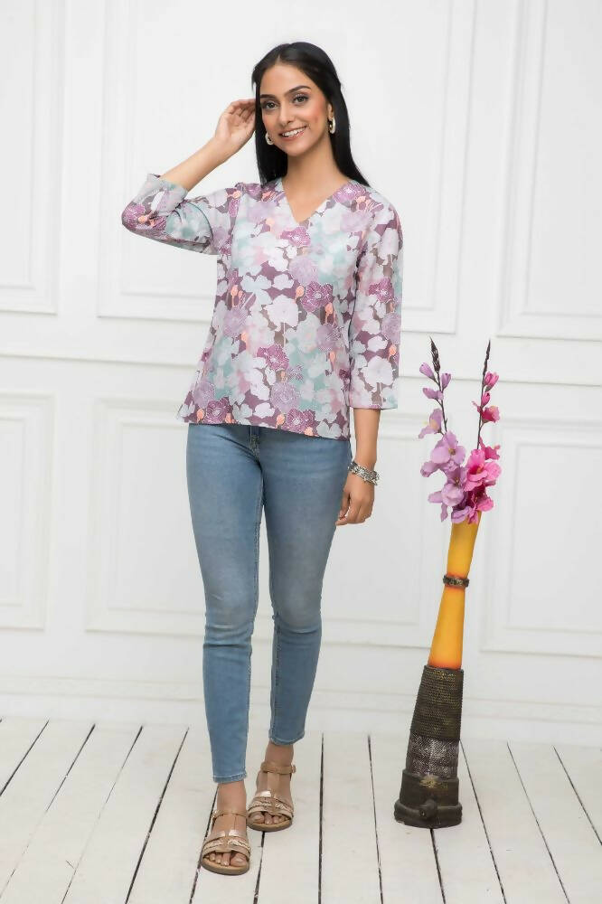 Myshka Women Multi-Floral V-Neck Regular Sleeves Viscose Rayon Top | Grocsy