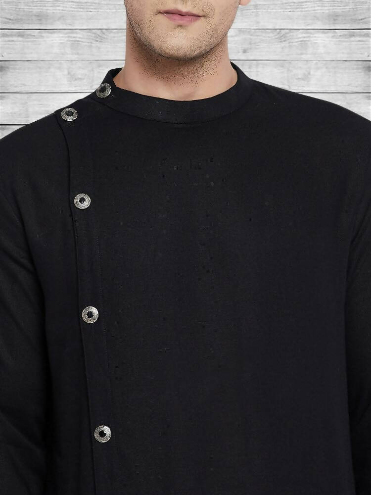 Even Apparels Black Cotton Linen Asymetrical Kurta - Black | Grocsy