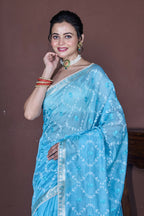Morchari Sky Blue Cotton Chanderi Embroidery Saree Unstitched Blouse | Grocsy