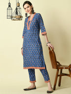 Myshka Women's Blue Straight Kurta & Trousers | Grocsy