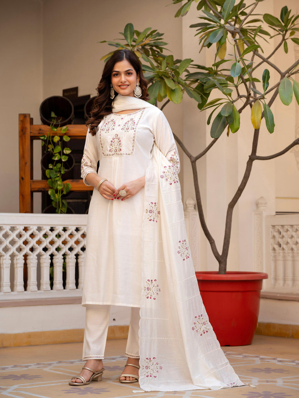 Pramukh Fab White Color Viscose Mango Silk Kurta Set | Grocsy
