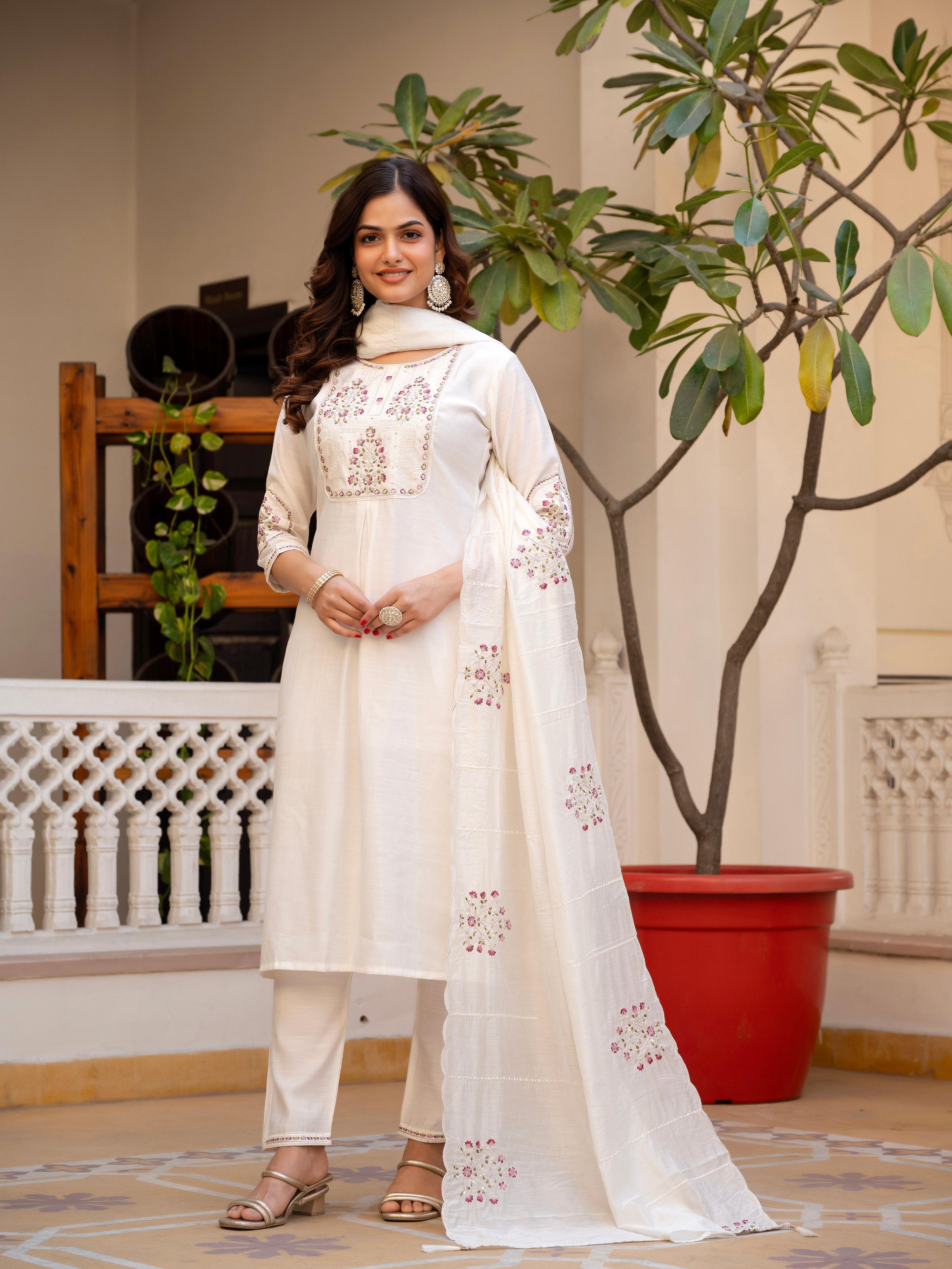 Pramukh Fab White Color Viscose Mango Silk Kurta Set | Grocsy