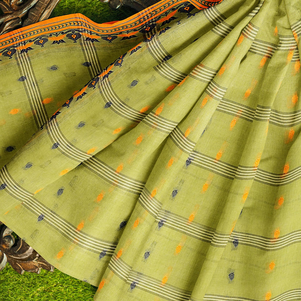 Exclusive Collection 100% Pure Cotton Light Green Tant Saree With Hand Weaving Work | Grocsy
