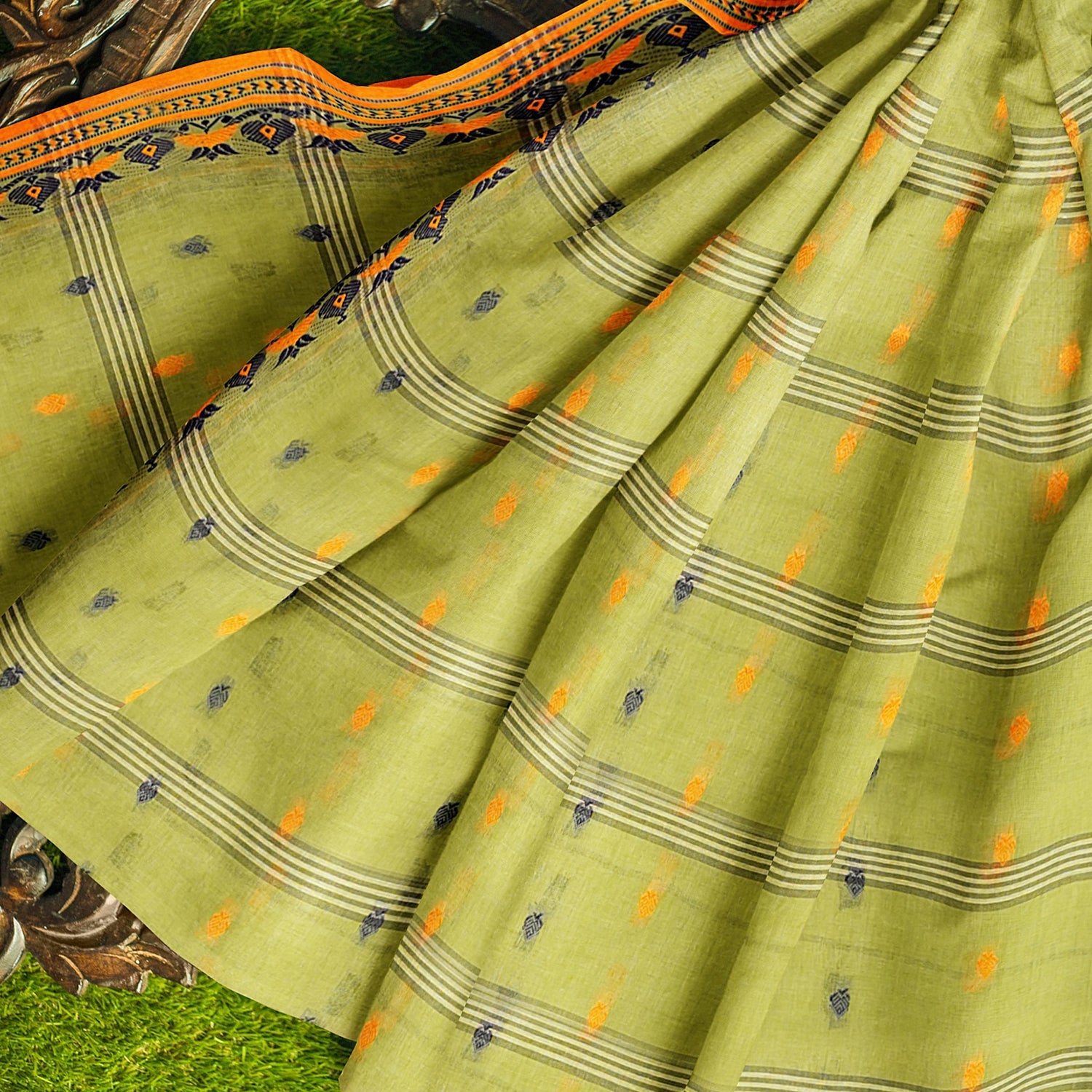 Exclusive Collection 100% Pure Cotton Light Green Tant Saree With Hand Weaving Work | Grocsy