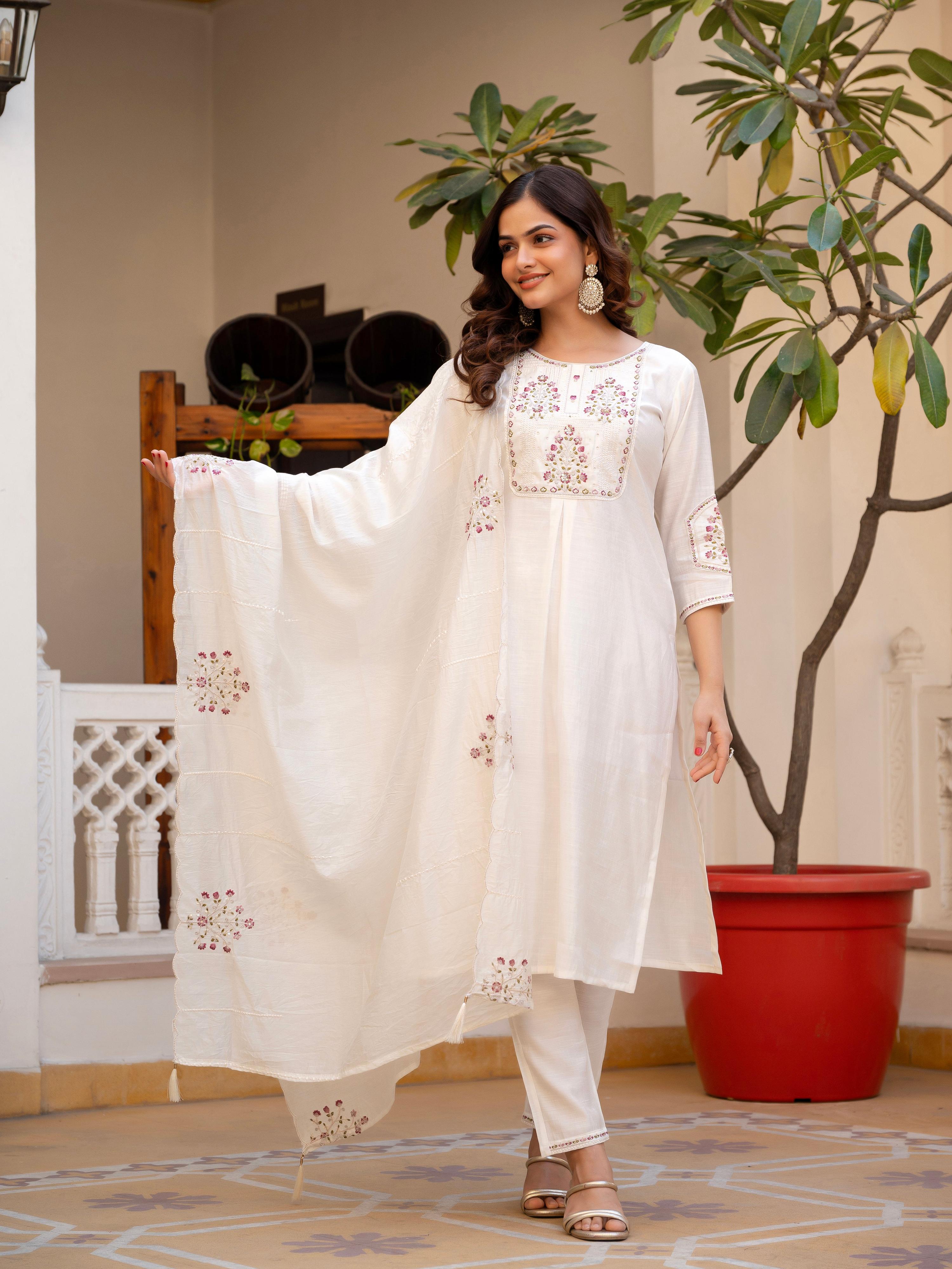 Pramukh Fab White Color Viscose Mango Silk Kurta Set | Grocsy