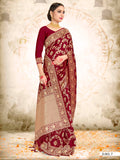 Vardha Maroon Red Woven Zari Jaal Banarasi Saree | Grocsy
