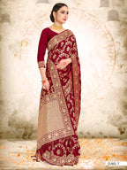 Vardha Maroon Red Woven Zari Jaal Banarasi Saree | Grocsy