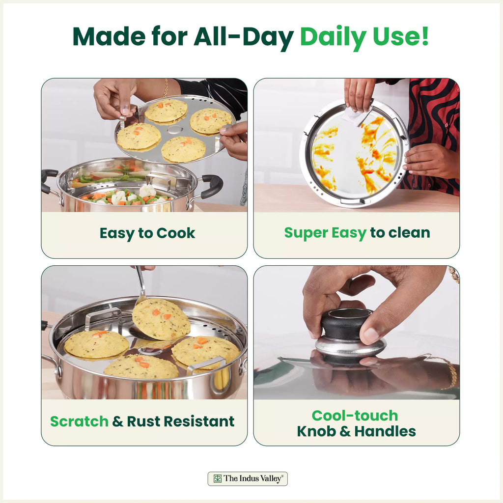 The Indus Valley 8 Pit Tri-Steel Multi Pot Premium Stainless Steel Idli/ Dhokla/ Momo Maker/ Veg Steaming Set, Tri-ply Induction Bottom, 5 Plates, 3L | Grocsy