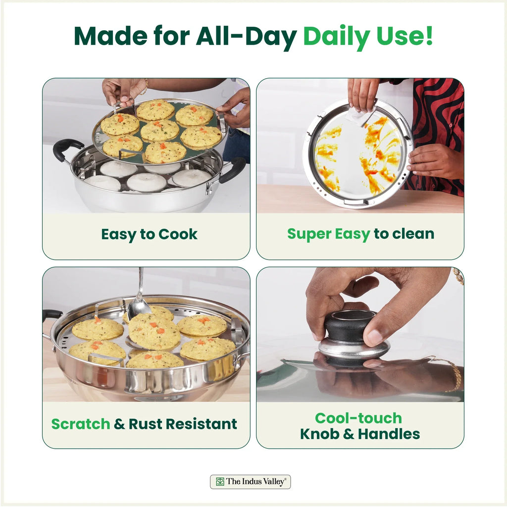 The Indus Valley 14 Pit Tri-Steel Multi Pot Premium Stainless Steel Idli/ Dhokla/ Momo Maker/  Veg Steaming Set, Tri-ply Induction Bottom, 5 Plates, 4.2L, 2.5kg | Grocsy