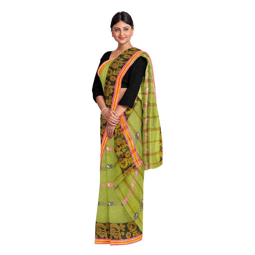 Exclusive Collection 100% Pure Cotton Light Green Tant Saree With Hand Weaving Work | Grocsy