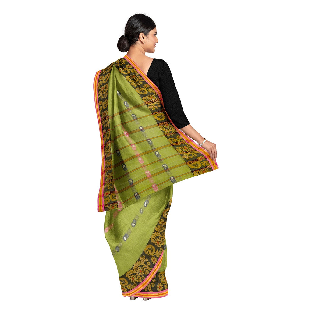Exclusive Collection 100% Pure Cotton Light Green Tant Saree With Hand Weaving Work | Grocsy