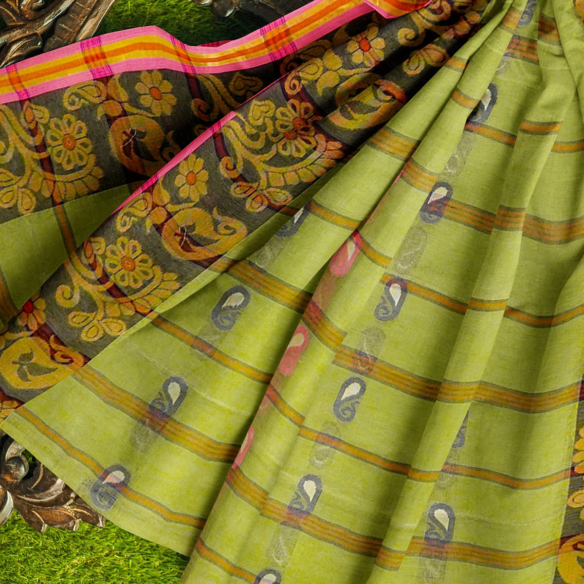 Exclusive Collection 100% Pure Cotton Light Green Tant Saree With Hand Weaving Work | Grocsy