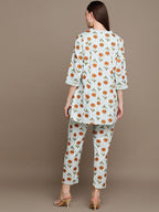 HERE&NOW Floral Printed Lace Inserted V-Neck Kurti with Trousers | Grocsy