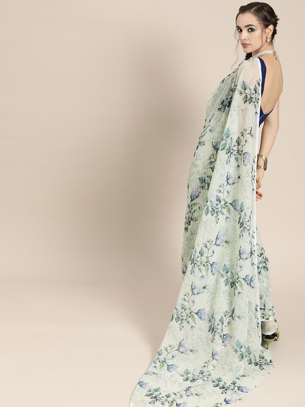 Saree Mall Blue Floral Sequinned Linen Blend Chanderi Saree | Grocsy