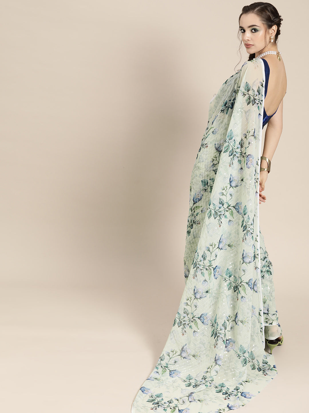 Saree Mall Blue Floral Sequinned Linen Blend Chanderi Saree | Grocsy